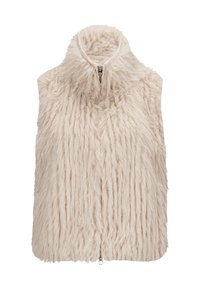Westen aus weichem, plüschigem Kunstfell in Hellbeige mit hohem Kragen, vorderem Reißverschluss und kastiger Silhouette.