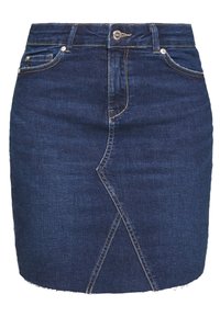 Džínová sukně v tmavě modré barvě s přiléhavým střihem, designem s předním rozparkem, kontrastním šitím a roztrhaným lemem. Zahrnuje dvě přední kapsy.