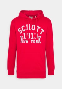 Felpa con cappuccio rossa con tasca a marsupio frontale. Presenta testo stampato bianco "SCHOTT 1913 NEW YORK" e cappuccio con coulisse. Realizzata in tessuto morbido.