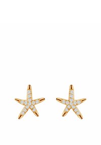 Złote kolczyki w kształcie gwiazdy morskiej z pięcioma ramionami ozdobionymi okrągłymi, jasnymi kamieniami, podkreślającymi teksturowaną powierzchnię i polerowane wykończenie.