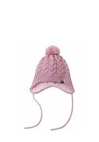 Knitted pink hat with a pom-pom on top, featuring a cable knit pattern, ear flaps, and ties. Lined interior for added warmth.