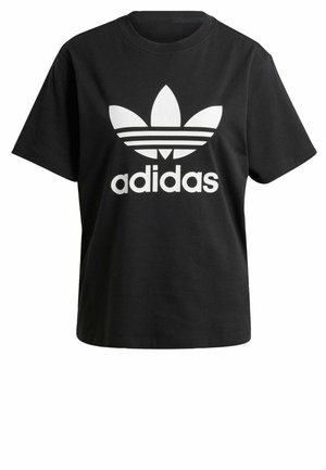 Black cotton t-shirt with short sleeves, featuring a large white Adidas logo and three horizontal stripes above it. Classic crew neck design.