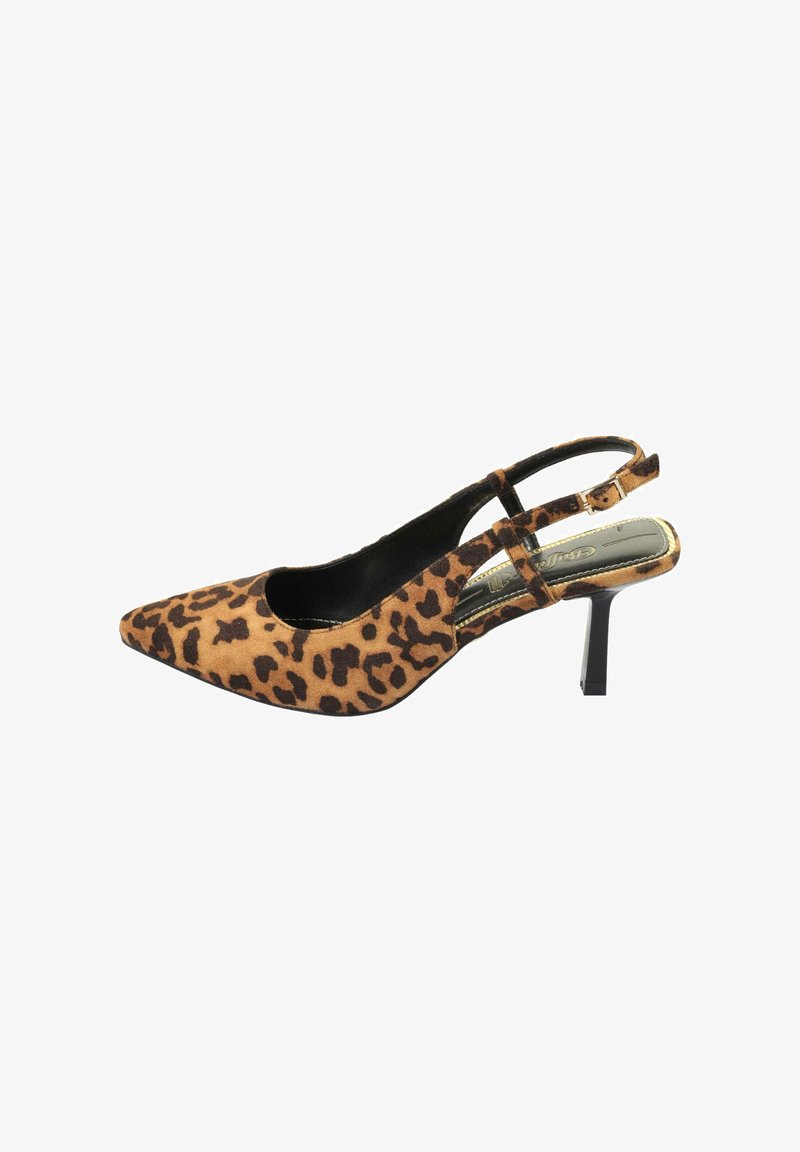 Visoke petne čevlje s slingback zasnovo in leopardjim vzorcem, z ostrim nosom, gladkim suede materialom in vitkim črnim peto. Udobna notranjost z zlatim dodatkom.