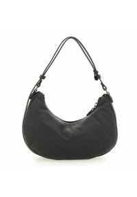 Schwarzlederne Handtasche mit runder Form, glatter Textur und einem verstellbaren Einzelgurt. Verfügt über einen Reißverschluss für zusätzliche Sicherheit.