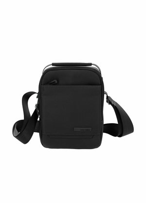 Schwarze rechteckige Umhängetasche aus strapazierfähigem Material, mit einer Vordertasche, verstellbarem Riemen und modernem Design mit minimalistischen Akzenten.