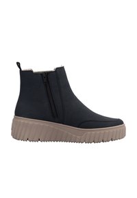 Bottines noires avec une tige texturée, fermeture éclair sur le côté et une semelle beige crantée. Bout rond et détails de couture minimaux.