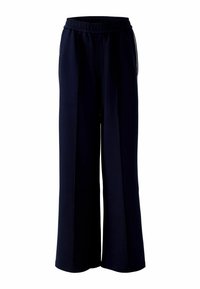 Pantalons larges bleu marine en tissu léger ; dotés d'une taille élastique et de poches latérales pour plus de fonctionnalité. Design simple et polyvalent.