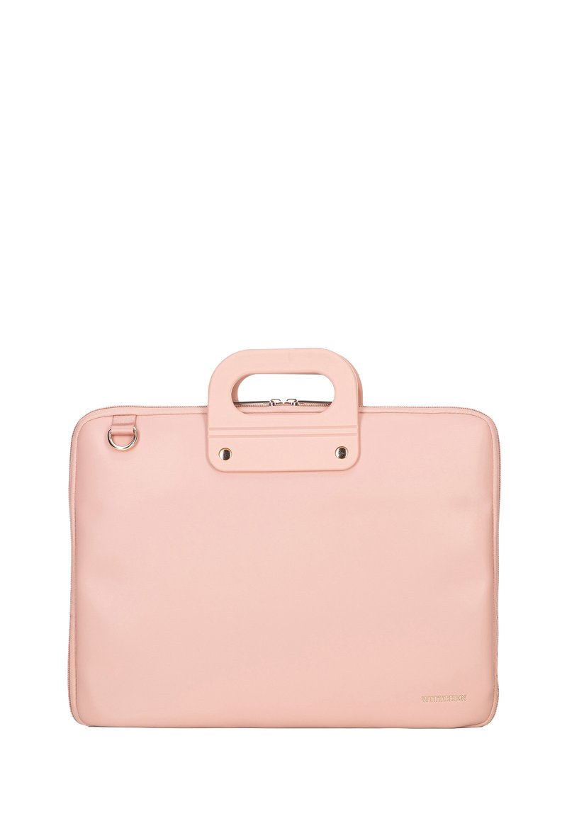Rosa Laptop-Tasche aus glattem Leder, mit einem oberen Griff, Reißverschluss und metallischen Hardware-Akzenten. Sauberes, rechteckiges Design.