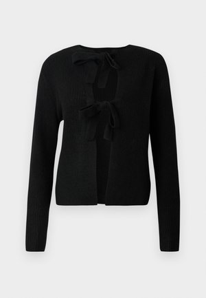Black knitted cardigan with long sleeves, featuring a V-neck and two fabric ties at the opening. Ribbed texture throughout the garment.