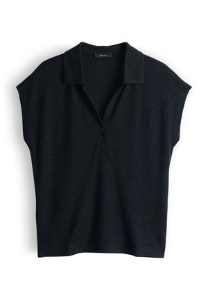Schwarzes kurzärmeliges Strick-Poloshirt mit Kragen und Zwei-Knopf-Leiste, mit dem Label OPUS.