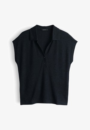 Schwarzes kurzärmeliges Strick-Poloshirt mit Kragen und Zwei-Knopf-Leiste, mit dem Label OPUS.