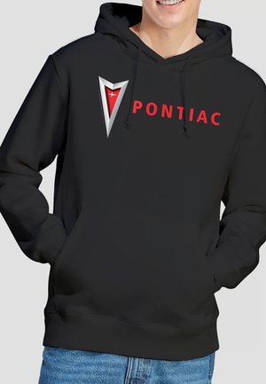 Black hoodie featuring a gray and red Pontiac logo on the front, with a kangaroo pocket and drawstring hood. Soft fabric texture.