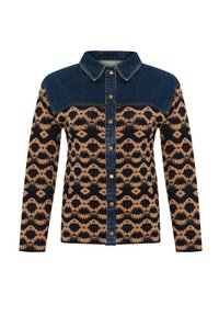 Denim- och mönstrad jacka med en mörkblå krage och framsidan. Har ett geometriskt mönster i brunt och svart, silverfärgade knappar och långa ärmar.