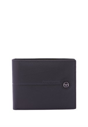 Black leather wallet with embossed logo, bi-fold design, smooth texture, and visible stitching accents. Compact with a classic look.