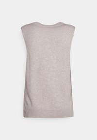 Ärmelloser, hellgrauer Pullover aus weichem Strickmaterial. Verfügt über einen runden Ausschnitt und einen gerippten Saum. Einfaches, minimalistisches Design.
