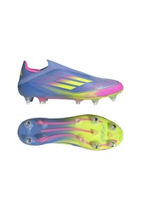 Blue and pink soccer cleats with a textured upper, vibrant gradient design, and a yellow outsole featuring six molded studs for traction.