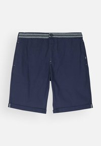 Shorts navy en tissu léger avec une taille à motif, fermeture par bouton et ourlet replié. Comprend des poches latérales et des détails de couture subtils.