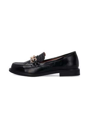 Black leather loafer with a textured vamp, featuring a gold-tone hardware accent and a low, solid sole. Rounded toe, polished finish.