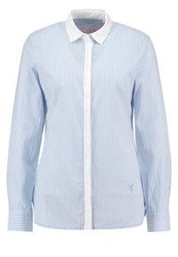 Light blue and white striped long-sleeve shirt, button-up front, contrasting white collar, embroidered logo on left side, fitted design.