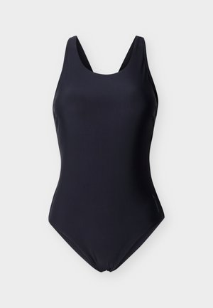 Must üksosaline ujumistrikoo laiade õlapaelte ja ümarate kaelusega, esitatud ühtlasel heledal taustal.