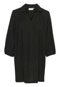 Robe noire à mi-mollet avec des manches bouffantes 3/4, col en V et de subtils rayures verticales texturées.