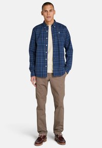 Sininen ruudullinen nappikauluspaita, jolla on kevyt kiilto, yhdistettynä kermaiseen t-paitaan,beigeihin housuihin ja tummanruskeisiin nauhakenkiin.