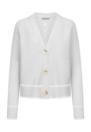 Lichtgrijze cardigan van zachte breistof, met een v-hals, vijf knopen en geribde mouwen en zoom met witte accenten.
