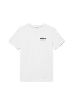 White cotton t-shirt with a crew neckline, featuring a green logo and text on the left side. Short sleeves, simple design, no patterns.