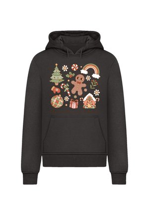 Schwarzer Hoodie mit bunten, festlichen Grafiken, darunter ein Weihnachtsbaum, ein Lebkuchenmann, Zuckerstangen und dekorative Ornamente.