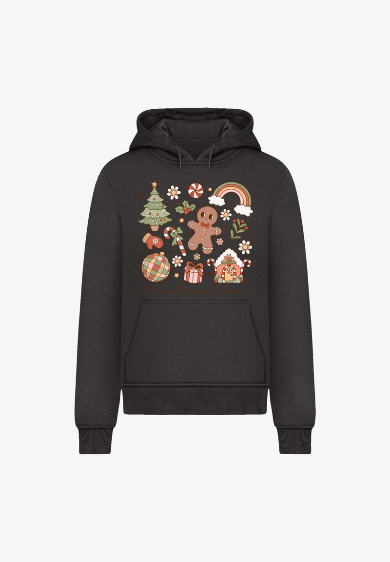 Black hoodie featuring colorful holiday-themed graphics, including a Christmas tree, gingerbread man, candy canes, and decorative ornaments.