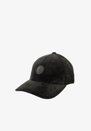 Zwarte ribfluwelen honkbalpet met gebogen klep en ronde zwarte logopatch op het voorpaneel.