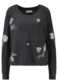 Ciemnoszara sweter w robione na drutach, z różowo-białymi haftami kwiatowymi rozmieszczonymi na przodzie i rękawach, z okrągłym dekoltem i ściągaczami przy mankietach.