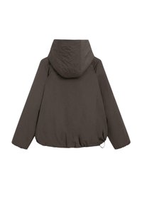 Giubbotto imbottito con cappuccio di colore marrone scuro, mostrato da dietro, con maniche lunghe e orlo elastico con coulisse regolabile.