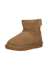 Bruine suède enkellaarsjes met een ronde neus, een platte rubberen zool en minimale stikdetails. Zachte textuur en zijnaadaccent.