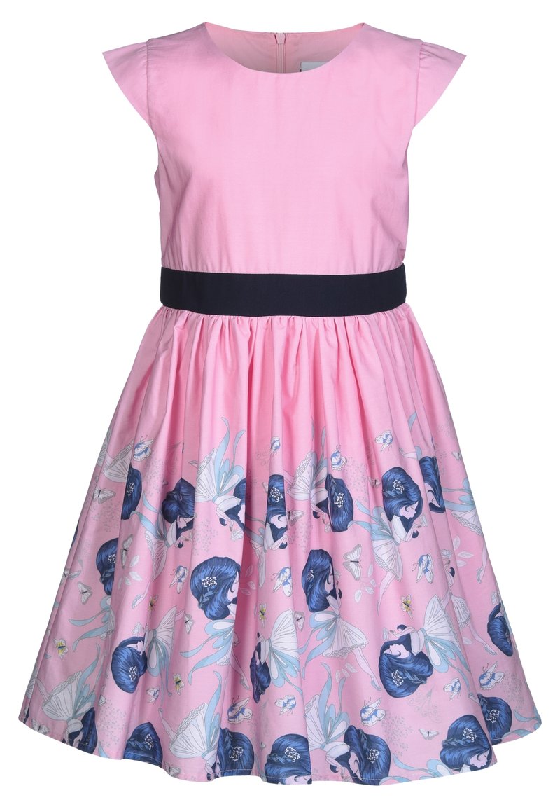 Růžové bavlněné šaty s krátkými rukávy, námořnickým pasem a skládací sukní s modrým květinovým a motýlím potiskem. Zipové zapínání na zadní straně.