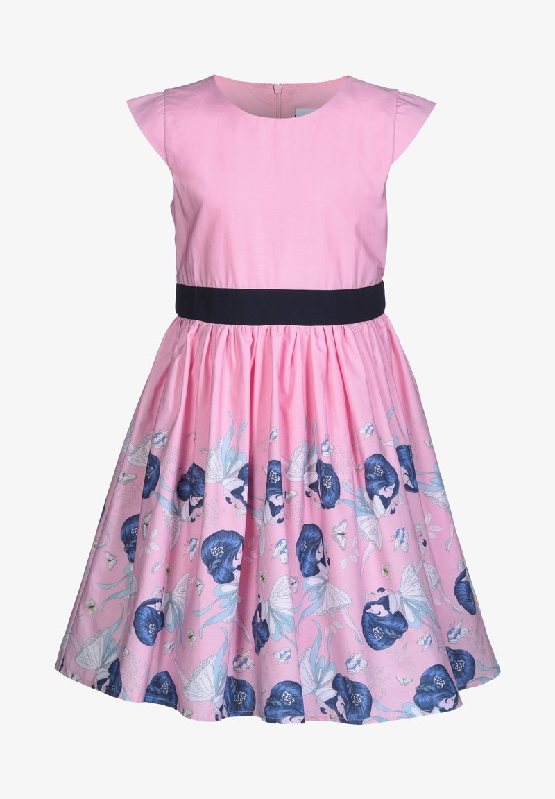 Růžové bavlněné šaty s krátkými rukávy, námořnickým pasem a skládací sukní s modrým květinovým a motýlím potiskem. Zipové zapínání na zadní straně.
