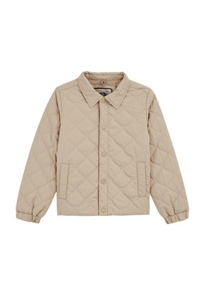 Beige gesteppte Jacke mit Kragen, Druckknopfverschluss vorne, zwei Seitentaschen und elastischen Bündchen. Hat ein dezentes Diamantmuster.
