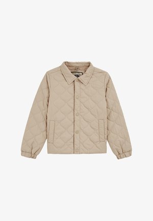 Bežentarni jakna s prešito teksturo in ovratnikom, zapiranjem na klik, dvema stranskima žepoma in elastičnimi manšetami. Ima subtilen diamantni vzorec.