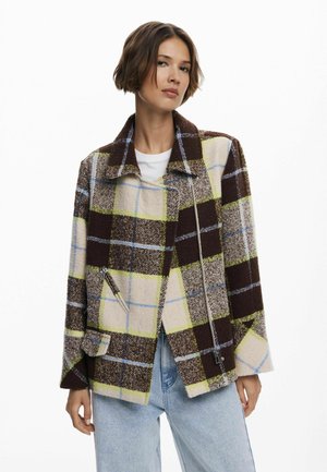 Brown and beige plaid jacket with light blue and green accents. Features a notched collar, front zip, and side pockets. Woven texture.