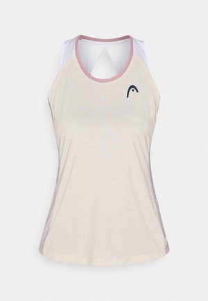 Camiseta deportiva sin mangas en beige claro, con ribete rosa y diseño de espalda abierta. Incluye un logo negro en la parte frontal izquierda.