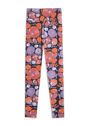 Leggings featuring a dark background with a pattern of large, abstract, circular shapes in orange and purple, with a smooth texture.