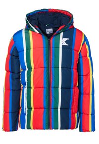 Giacca imbottita con un vivace motivo a righe di rosso, blu, verde, giallo e bianco. Presenta un cappuccio e una chiusura con zip con logo sul petto.