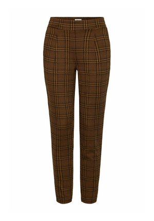 Brown plaid trousers with black accents, featuring a tailored fit and smooth fabric texture. Soft waistband and slim straight legs.