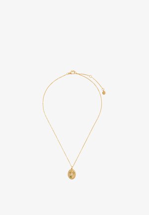Delicate gold chain necklace with an oval pendant featuring small green floral and pearl-like details.