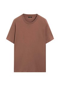 Bruin katoenen T-shirt met een ronde hals en korte mouwen. Platte naden en een comfortabele, zachte textuur. Geen zichtbare patronen of accenten.