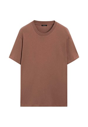 Bruin katoenen T-shirt met een ronde hals en korte mouwen. Platte naden en een comfortabele, zachte textuur. Geen zichtbare patronen of accenten.