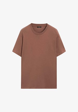 Bruin katoenen T-shirt met een ronde hals en korte mouwen. Platte naden en een comfortabele, zachte textuur. Geen zichtbare patronen of accenten.