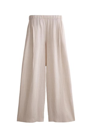 Pantalon beige à jambes larges avec taille élastique, fabriqué en tissu léger, présenté à plat sur un fond blanc.