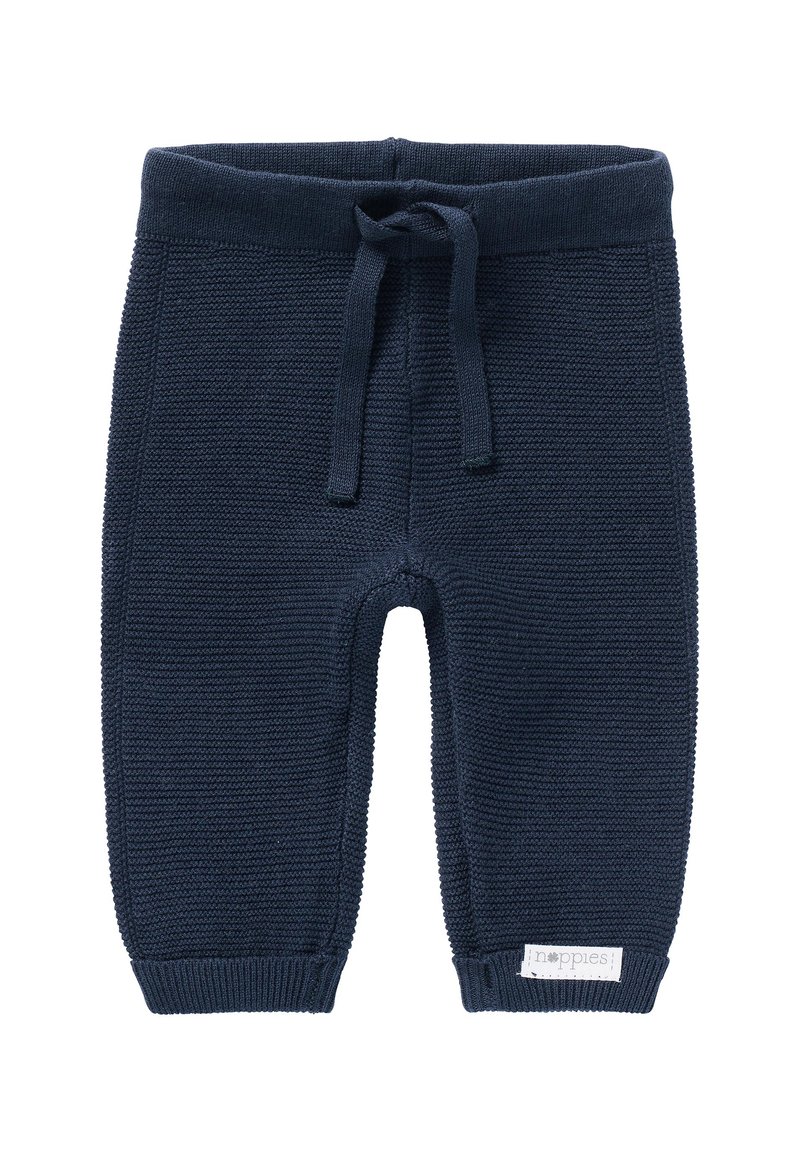 Navy blauwe gebreide babybroek met een geribde tailleband, trekkoord en boorden. Heeft een klein label aan de zijkant. Zacht, textuur rijk materiaal.