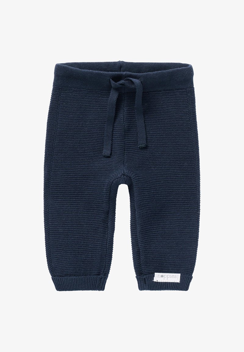 Dunkelblaue gestrickte Babyhosen mit elastischem Bund, Kordelzug und Bündchen. Mit einem kleinen Etikett an der Seite. Aus weichem, strukturiertem Stoff.